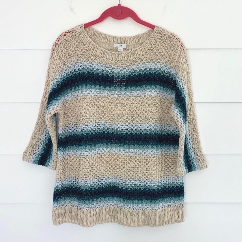 New J. Jill Linen Cotton Open Stitch Striped Sweater Top Navy Blue Multi…